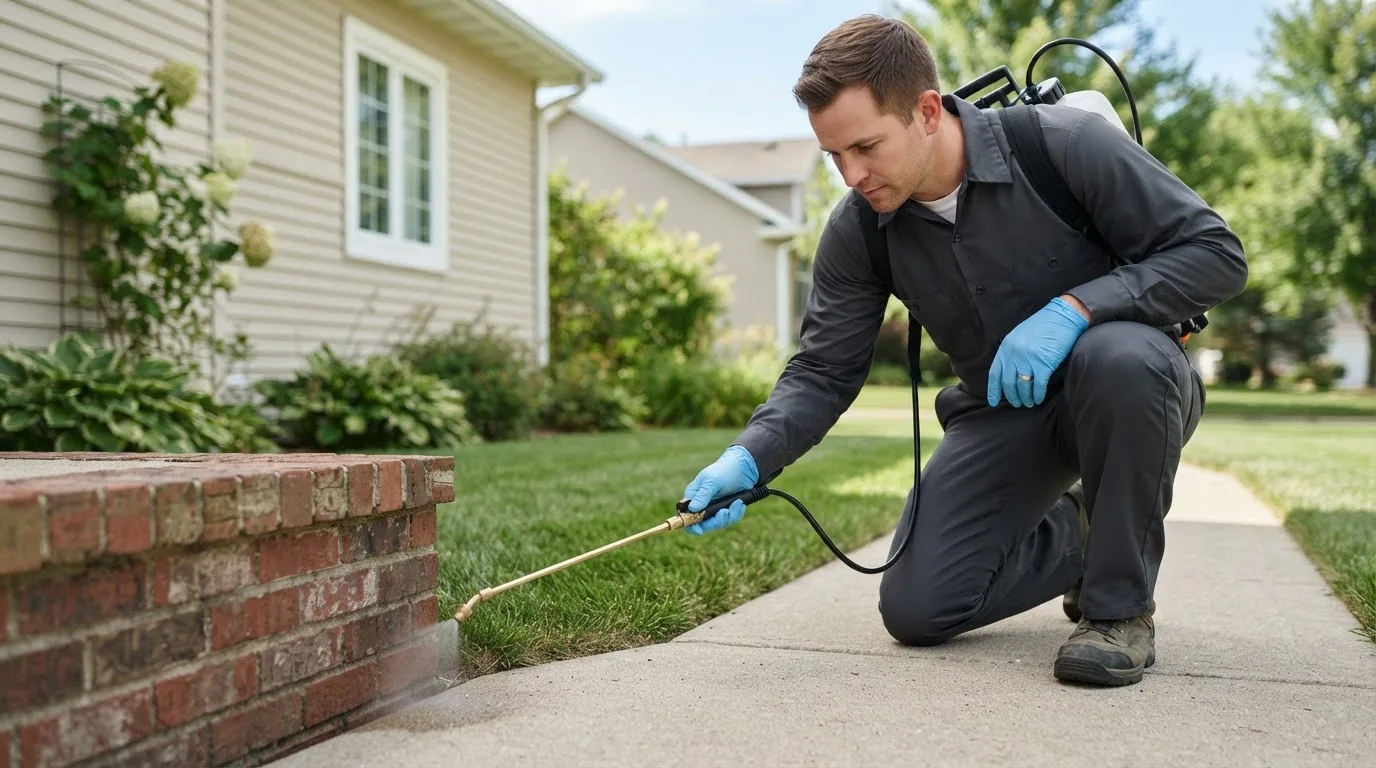 Pest control technician treating a home near Fowler, IL