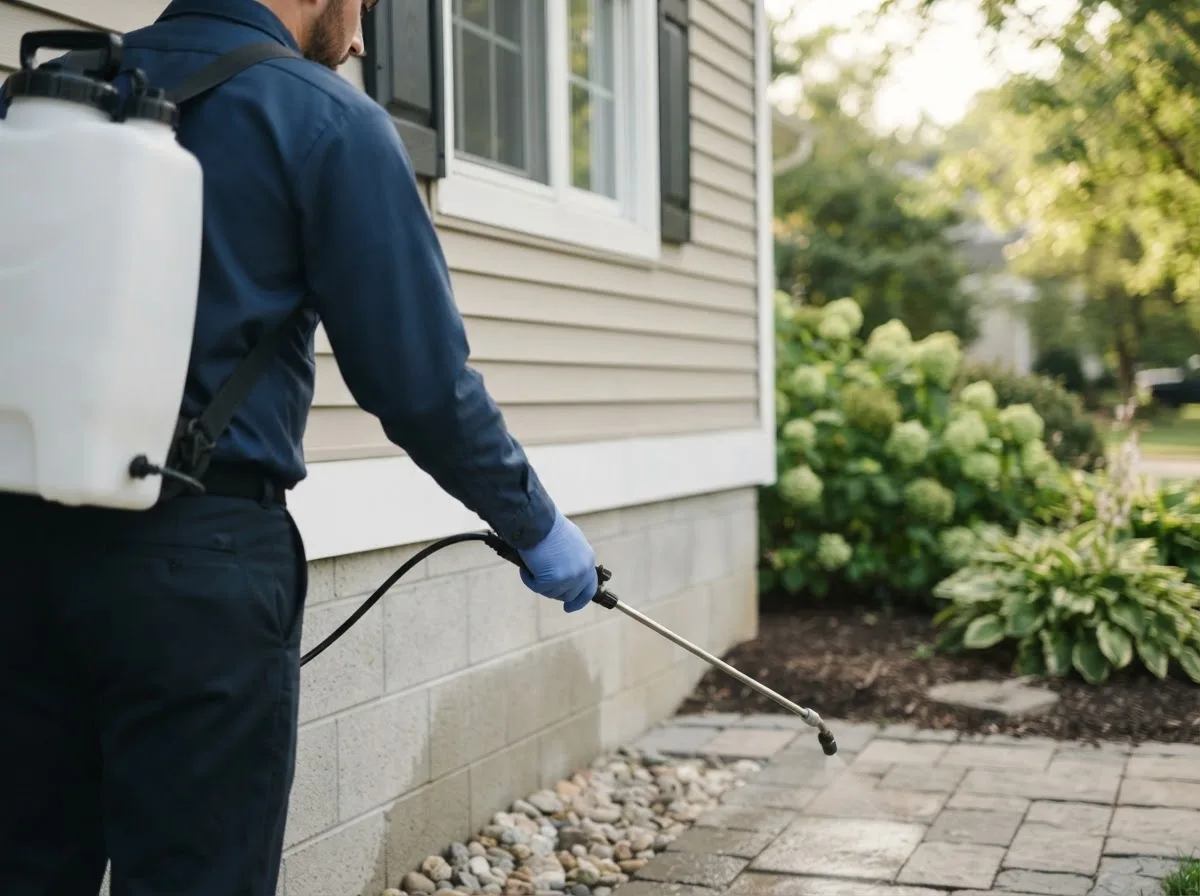Pest control technician inspecting a home in Fowler, IL